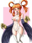  1girl animal_hands bare_shoulders black_wings blush breasts claws duel_monster feathered_wings feathers hair_rings harpie_channeler harpy long_hair medium_breasts monster_girl navel open_mouth orange_eyes orange_hair pataneet pointy_ears revealing_clothes slingshot_swimsuit solo swimsuit thighhighs twintails white_thighhighs winged_arms wings yellow_eyes yu-gi-oh! 