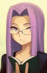  1girl black_shirt boa_(brianoa) book collarbone english_commentary fate/stay_night fate_(series) glasses hair_intakes highres holding holding_book long_hair medusa_(fate) medusa_(rider)_(fate) portrait purple_eyes purple_hair shirt solo 