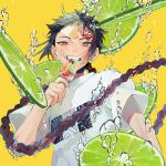  1boy air_bubble birthmark biting black_hair blonde_hair braid braided_ponytail bubble colored_tips earrings eating facial_mark floating_hair food food_in_mouth fruit glint grapefruit grapefruit_slice green_eyes green_hair hand_up highres holding holding_food jewelry kiwi_(fruit) kiwi_slice lime_(fruit) lime_slice long_hair male_focus mamemg multicolored_hair original oversized_food popsicle popsicle_in_mouth print_shirt scales shirt short_sleeves single_braid solo streaked_hair stud_earrings submerged t-shirt uneven_eyes upper_body very_long_hair white_shirt yellow_background 