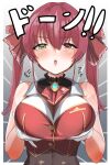  1girl blush breasts dainana_sugune gloves groping hair_ribbon heterochromia hololive houshou_marine large_breasts red_eyes red_hair ribbon virtual_youtuber white_gloves yellow_eyes 