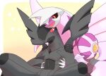  :d black_sclera claws colored_sclera fangs highres hug hug_from_behind no_humans palkia pokemon pokemon_(creature) red_sclera shoulder_pads smile wings yellow_background zekrom 