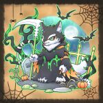  anthro black_and_white_fur canid canine canis domestic_dog green_eyes grim_reaper_costume halloween halloween_costume hi_res holidays husky kowyb8msyohxtd1 lifewonders live_a_hero male mammal melee_weapon monomasa nordic_sled_dog polearm red_sclera scythe solo spider_web spitz tombstone weapon 