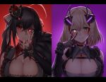  2girls ahoge artist_name asymmetrical_sleeves azur_lane bare_shoulders black_bustier black_choker black_dress black_gloves black_hair breasts brown_eyes choker cleavage cleavage_cutout clothing_cutout crossed_bangs detached_sleeves dress elbow_gloves gem gloves glowing glowing_eye hair_between_eyes hair_ornament hand_on_own_face headgear highres idol jewelry large_breasts letterboxed light_brown_hair long_hair long_sleeves looking_at_viewer medium_hair multicolored_hair multiple_girls official_alternate_hairstyle purple_background red_background red_eyes red_gemstone red_hair roon_(azur_lane) roon_(muse)_(azur_lane) simple_background smile star-shaped_pupils star_(symbol) streaked_hair symbol-shaped_pupils taihou_(azur_lane) taihou_(muse)_(azur_lane) two-tone_background two-tone_hair uneven_sleeves upper_body v yellow_eyes yorugami_rei 