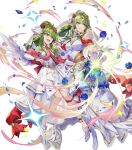  2girls breasts bridal_veil dress feather_trim fire_emblem fire_emblem:_mystery_of_the_emblem fire_emblem_awakening fire_emblem_heroes flower gesoking green_eyes grey_hair high_heels highres jewelry long_hair medium_breasts multiple_girls non-web_source official_art pantyhose pointy_ears ponytail tiara tiki_(adult)_(fire_emblem) tiki_(fire_emblem) tiki_(young)_(fire_emblem) transparent_background veil wedding_dress white_dress 