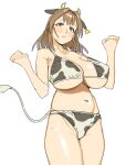  1girl absurdres animal_ears animal_print bare_arms bare_legs bikini blush breasts brown_hair cow_ears cow_girl cow_horns cow_print cow_tail highres horns imamura_ryou large_breasts loooyd medium_hair navel original solo swimsuit tail white_background yellow_eyes 