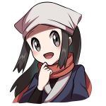  1girl :d akari_(pokemon) black_hair black_shirt blush commentary_request eyelashes grey_eyes hand_up happy head_scarf highres jacket long_hair open_mouth pokemon pokemon_(game) pokemon_legends:_arceus ponytail red_scarf saon101 scarf shirt sidelocks simple_background smile solo white_background white_headwear 