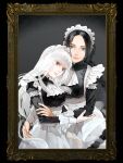  2girls albino apron black_dress black_hair blunt_bangs braid dress fata_morgana_no_yakata green_eyes head_tilt highres holding_another&#039;s_arm kane_mune long_hair long_sleeves looking_at_viewer maid maid_apron maid_headdress multiple_girls official_art parted_lips picture_frame red_eyes smile the_maid_(fata_morgana) the_white-haired_girl_(fata_morgana) upper_body white_hair 