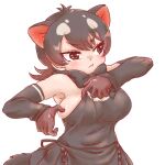  1girl animal_ears annoyed bare_shoulders black_hair blush bow bowtie breasts brown_hair bursting_breasts detached_sleeves extra_ears fang gloves inconvenient_breasts kemono_friends large_breasts maki_(02uh14l1b740ao2) multicolored_hair short_hair skirt solo tail tasmanian_devil_(kemono_friends) tasmanian_devil_ears tasmanian_devil_tail undersized_clothes 