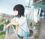  1girl 3d absurdres balcony black_hair blush bra brown_eyes brown_shorts building cactus city clothes_pin day highres laundry original outdoors plant potted_plant profile railing sakura_inu_(itoyatomo) shirt shorts t-shirt underwear unworn_bra white_shirt 