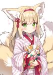  1girl alternate_costume animal_ear_fluff animal_ears arknights auto_ins blonde_hair blush closed_mouth commentary cowboy_shot fox_ears fox_girl fox_tail green_eyes hair_ornament hairband heart highres japanese_clothes kimono kitsune kyuubi long_hair long_sleeves looking_at_viewer multiple_tails pink_kimono red_hairband smile solo split_mouth suzuran_(arknights) tail tassel tassel_hair_ornament white_background white_hair wide_sleeves 