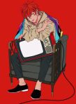  1boy black_footwear black_pants cable couch given highres hood hoodie kizu_natsuki male_focus on_couch open_mouth pants red_background red_eyes red_hair satou_mafuyu sitting solo television 