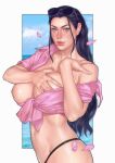  1girl absurdres areola_slip bikini black_hair blue_eyes blush breast_slip breasts cleavage collared_shirt downblouse eyewear_on_head hair_slicked_back highres huge_breasts large_breasts long_hair looking_at_viewer navel nico_robin nipple_slip nipples no_bra one_breast_out one_piece othalama pink_shirt shirt short_sleeves solo sunglasses swimsuit thong_bikini underwear wardrobe_malfunction 