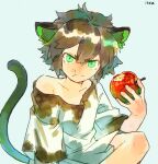  1boy animal_ears apple black_hair cat_ears cat_tail dirty dirty_clothes food food_on_face fruit green_eyes holding holding_food isasasa001 looking_at_viewer luo_xiaohei luo_xiaohei_zhanji male_child off_shoulder shirt short_hair short_sleeves signature single_bare_shoulder solo tail upper_body white_shirt 