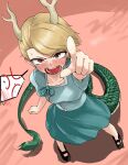  1girl antlers blonde_hair blue_shirt dragon_girl dragon_horns dragon_tail highres horns ise_corridor kicchou_yachie looking_at_viewer open_mouth red_eyes shirt short_hair square_neckline tail touhou yellow_horns 