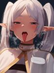  ... 6753238 absurdres black_background blush commentary_request dio_nand earrings elf frieren green_eyes highres jewelry long_hair looking_at_viewer open_mouth pointy_ears simple_background sousou_no_frieren speech_bubble spoken_ellipsis tongue tongue_out twintails upper_body white_hair 