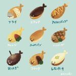  aoyoshi35 aqua_background artist_name black_mouth bread cake carrot corn_dog croquette eclair_(food) fish food food_focus foodification hamburger_steak ketchup mustard no_humans ohagi_(food) omelet omurice open_mouth original sacabambaspis simple_background steak tempura translation_request triangle_mouth 