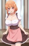  1girl :d blush breasts brown_hair cleavage collarbone commentary_request corset dars_(recolors) hair_between_eyes hair_bun highres large_breasts looking_at_viewer open_mouth orange_hair puffy_short_sleeves puffy_sleeves red_eyes short_hair short_sleeves sidelocks single_hair_bun smile solo yahari_ore_no_seishun_lovecome_wa_machigatteiru. yuigahama_yui&#039;s_mother 