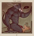  anthro bed black_body brown_body brown_fur canid canine duo english_text fur furniture genitals greeting hi_res humanoid_genitalia humanoid_penis male mammal muscular muscular_male on_bed on_top penis pillow red_eyes sleep_paralysis_demon tail text wolfanine 
