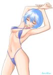  1girl absurdres armpits arms_up artist_name ass ayanami_rei bacillus bikini blue_hair breasts closed_eyes cowboy_shot criss-cross_halter curled_fingers expressionless halterneck hand_on_own_wrist highleg highleg_bikini highres leaning_back looking_at_viewer medium_breasts navel neon_genesis_evangelion paid_reward_available parted_lips purple_bikini short_hair sideboob signature simple_background solo standing stretching swimsuit underboob white_background 