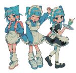  1girl ^_^ animal_ears apron arm_up backpack bag black_dress black_footwear blue_eyes blue_hair blue_jacket blue_shorts blue_skirt blunt_bangs cat_ears cherry closed_eyes closed_mouth dress drinking_straw fang food frilled_apron frilled_dress frilled_skirt frills fruit full_body hand_up highres holding holding_strap holding_tray ice_cream ice_cream_float jacket jersey_maid kneehighs long_sleeves looking_at_viewer looking_to_the_side loose_socks maid maid_apron maid_headdress mary_janes medium_hair multiple_views open_mouth original pantyhose puffy_short_sleeves puffy_sleeves raised_fist shoes short_sleeves shorts simple_background skirt smile sneakers socks standing tray two_side_up umipi unconventional_maid uwabaki waist_apron white_apron white_background white_footwear white_pantyhose white_socks zipper_pull_tab 