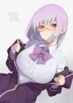  1girl absurdres breasts collared_shirt dot_nose glasses gridman_universe head_tilt highres jacket large_breasts long_sleeves looking_at_viewer medium_hair off_shoulder partially_unzipped purple_hair purple_ribbon red_eyes ribbon shinjou_akane shirt simple_background smile ssss.gridman takita_(takita3411) teeth white_background white_shirt 
