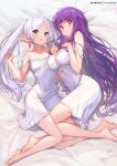  2girls bare_shoulders barefoot blunt_bangs blush breasts cleavage collarbone dress earrings elf fern_(sousou_no_frieren) frieren green_eyes highres hong_(white_spider) jewelry large_breasts long_hair looking_at_viewer lying multiple_girls open_mouth parted_bangs pointy_ears purple_eyes purple_hair small_breasts smile sousou_no_frieren twintails white_dress white_hair 