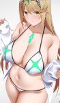  1girl arind_yudha bikini blonde_hair breasts chest_jewel closed_mouth earrings groin highres jewelry large_breasts long_hair mythra_(radiant_beach)_(xenoblade) mythra_(xenoblade) navel smile solo stomach swimsuit tiara white_bikini xenoblade_chronicles_(series) xenoblade_chronicles_2 yellow_eyes 
