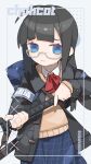  1girl :&lt; absurdres ahoge artist_name bag barcode black_coat black_hair blue_eyes blue_skirt bow bowtie brown_sweater cheri_zao coat collared_shirt commentary_request cowboy_shot furrowed_brow glasses grey_armband highres holding holding_sword holding_weapon katana long_hair long_sleeves looking_at_viewer open_clothes open_coat original plaid plaid_skirt raised_eyebrows red_bow red_bowtie ringed_eyes school_bag school_uniform semi-rimless_eyewear shirt shoulder_strap skirt solo strap_slip sweater sword weapon white_background white_shirt 