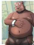  2023 3:4 anthro bear belly big_belly blush bow_tie bulge cute_fangs humanoid_hands kemono male mammal menmen_kesinn moobs navel nipples one_eye_closed overweight overweight_male solo wink 