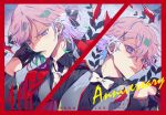  2boys anniversary aqua_hair black_gloves black_shirt border bow bowtie brothers earrings gennkai_para gloves grey_vest highres jacket jacket_on_shoulders jewelry long_sleeves male_focus multicolored_hair multiple_boys necktie paradox_live phantometal_(paradox_live) purple_eyes purple_hair red_border red_jacket shirt siblings tongue tongue_out twins vest white_bow white_bowtie white_necktie yatonokami_kanata yatonokami_nayuta 