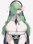  absurd_res anthro big_breasts blush breasts cervina7_(artist) cleavage clothed clothing female gardevoir generation_3_pokemon green_hair hair hi_res huge_breasts looking_at_viewer nintendo nun nun_outfit pokemon pokemon_(species) red_eyes simple_background smile solo white_body 