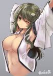  1girl arm_behind_head arm_up armpits blush breasts cleavage detached_sleeves expressionless frog_hair_ornament green_eyes green_hair grey_background hair_ornament kochiya_sanae large_breasts looking_at_viewer midori_(misuriru8) navel nipple_slip nipples one_eye_closed open_clothes open_shirt shirt simple_background sleeveless sleeveless_shirt snake_hair_ornament solo stomach stretching touhou twitter_username upper_body white_shirt 
