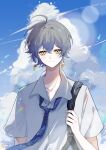  1boy absurdres anqing bag black_bag black_necktie blue_sky cloud collared_shirt earrings grey_hair highres holding holding_bag ike_eveland jewelry lens_flare looking_at_viewer loose_necktie male_focus necktie nijisanji nijisanji_en shirt short_hair short_sleeves shoulder_bag sky smile solo upper_body virtual_youtuber white_shirt yellow_eyes 