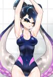  1girl armpits arms_up black_hair black_one-piece_swimsuit breasts callie_(splatoon) collarbone commentary_request cowboy_shot half-closed_eyes highleg highleg_swimsuit highres indoors koharu2.5 long_hair looking_at_viewer medium_breasts one-piece_swimsuit parted_lips pink_pupils short_eyebrows solo splatoon_(series) splatoon_1 swept_bangs swimsuit tentacle_hair thick_eyebrows tile_wall tiles yellow_eyes 