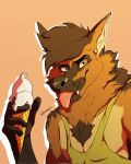  absurd_res anthro athletic athletic_anthro athletic_male brown_body brown_fur canid canine canis clothing depictionexpress dessert domestic_dog food fur german_shepherd green_eyes half-length_portrait herding_dog hi_res holding_food holding_ice_cream holding_object ice_cream looking_at_viewer male mammal pastoral_dog piercing portrait shirt solo solo_focus tank_top tongue tongue_out topwear 