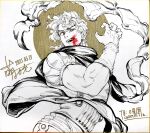  1boy 2021 blood blood_on_face commentary_request dated dio_brando fangs greyscale jojo_no_kimyou_na_bouken looking_at_viewer male_focus meng_bu_chong monochrome muscular muscular_male phantom_blood red_eyes scarf short_hair signature smirk solo spot_color teeth vampire wristband 