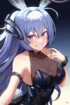  1girl animal_ears aqua_nails arm_strap artist_name azur_lane bare_shoulders black_leotard blue_eyes blue_hair bodystocking breasts covered_collarbone cowboy_shot ebbilin english_commentary fake_animal_ears fake_tail grin hair_between_eyes hair_intakes hand_up headgear large_breasts leotard long_hair looking_at_viewer new_jersey_(azur_lane) new_jersey_(exhilarating_steps!)_(azur_lane) official_alternate_costume oversized_breast_cup playboy_bunny rabbit_ears rabbit_tail see-through_cleavage sidelocks smile solo standing strapless strapless_leotard tail teeth very_long_hair wrist_cuffs 