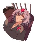  1boy aquam0n1ca arrow_(symbol) bedman guilty_gear guilty_gear_xrd light_purple_hair looking_at_viewer male_focus medium_hair orange_eyes round_eyewear screw 