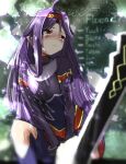  1girl absurdres ahoge arizumbado armor blurry blush breastplate copyright_name crying dappled_sunlight depth_of_field frown hairband highres leaf long_hair looking_to_the_side nose_blush purple_hair red_eyes red_hairband romaji_commentary sketch solo sunlight sword sword_art_online tree v_arms very_long_hair weapon yuuki_(sao) 
