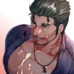  1boy :q bara beard_stubble between_pectorals collared_shirt cum cum_on_body cum_on_boy cum_on_pectorals dagon_(housamo) dark-skinned_male dark_skin fins fish_boy grey_hair jewelry large_pectorals long_sideburns looking_at_viewer male_focus mature_male muscular muscular_male mustache_stubble necklace noramoso pectoral_cleavage pectoral_focus pectorals purple_shirt seductive_smile shirt short_hair sideburns slit_pupils smile solo suggestive_fluid thick_eyebrows tokyo_afterschool_summoners tongue tongue_out upper_body 