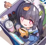  1girl animal_ears arrow_(symbol) binoculars bird black_hair blue_archive blue_serafuku blush bolt_action burger cameo cheese commentary cup disposable_cup drink drinking_straw eating english_commentary english_text fake_animal_ears food from_above green_neckerchief gun halo henohenomoheji hm_(hmongt) holding holding_food in_container korean_commentary leaf leaf_on_head looking_at_viewer miyu_(blue_archive) mosin-nagant neckerchief pantyhose rabbit_ears recycling_symbol red_eyes rifle school_uniform sensei_(blue_archive) serafuku simple_background solo sparrow squatting tablet_pc trapped trash_can twig twitter_username weapon white_background white_pantyhose 