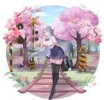 animal_ears aola_star arm_behind_back bow bowtie breasts cherry_blossoms highres large_breasts non-web_source official_art pointy_ears rabbit_ears railroad_tracks red_eyes shirt skirt thighhighs white_shirt 
