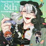  1boy alcohol anniversary ashiya_douman_(fate) ashiya_douman_(tour_outfit)_(fate) asymmetrical_hair black_hair braid chibi chibi_inset confetti cup curly_hair deformed earrings fangs fate/grand_order fate_(series) fedora fingernails fujimaru_ritsuka_(female) fujimaru_ritsuka_(male) hair_between_eyes hat jewelry laughing long_hair magatama magatama_earrings male_focus multicolored_hair multicolored_necktie multicolored_shirt necktie official_alternate_costume sakazuki sake sharp_fingernails solo_focus split-color_hair taityou8738 two-tone_hair upper_body very_long_hair white_hair 