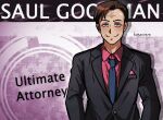  1boy artist_name better_call_saul black_suit blue_eyes blue_necktie breaking_bad brown_hair character_name collared_shirt commentary danganronpa_(series) english_commentary english_text formal highres huyandere looking_at_viewer male_focus necktie pink_shirt saul_goodman shirt short_hair solo standing suit upper_body 
