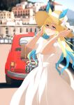  1girl absurdres alternate_costume animal_ears arms_up blonde_hair blue_hair blurry blurry_background blush car commentary_request cowboy_shot dress hat highres horse_ears horse_girl kumabachi315 long_hair looking_at_viewer motor_vehicle multicolored_hair nail_polish neo_universe_(umamusume) outdoors red_car short_sleeves smile solo streaked_hair sun_hat umamusume white_dress 