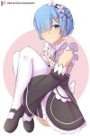  1girl absurdres artist_name black_shorts blue_eyes blue_hair blunt_bangs detached_sleeves eyes_visible_through_hair frilled_sleeves frills full_body hair_ornament hair_over_one_eye highres hugging_own_legs looking_at_viewer mary_janes patreon_username raion_(raionart) re:zero_kara_hajimeru_isekai_seikatsu rem_(re:zero) roswaal_mansion_maid_uniform shoes shorts simple_background smile solo thighhighs white_thighhighs wide_sleeves x_hair_ornament 