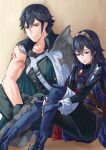  1boy 1girl ameno_(a_meno0) arm_tattoo armor asymmetrical_clothes black_sweater blue_cape blue_eyes blue_gloves blue_hair cape chrom_(fire_emblem) closed_mouth father_and_daughter fingerless_gloves fire_emblem fire_emblem_awakening gloves hair_between_eyes half-closed_eyes long_hair long_sleeves looking_at_another lucina_(fire_emblem) pauldrons red_cape ribbed_sweater short_hair shoulder_armor single_pantsleg single_sleeve sitting sweater tattoo tiara two-tone_cape white_cape 
