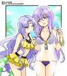  2girls alternate_costume bare_shoulders blue_eyes breasts circlet cleavage commentary_request fire_emblem fire_emblem:_genealogy_of_the_holy_war fire_emblem:_thracia_776 food holding holding_food holding_popsicle julia_(fire_emblem) long_hair looking_at_another multiple_girls narrowed_eyes open_mouth popsicle purple_eyes purple_hair sara_(fire_emblem) stomach swimsuit thighs yukia_(firstaid0) 
