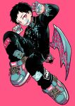  1boy absurdres black_hair blue_footwear bracelet demon_boy demon_wings ear_piercing fangs highres jewelry kirara_yakubou looking_at_viewer low_wings male_focus open_mouth original piercing pink_background pink_eyes pink_nails school_uniform shoes short_hair simple_background sneakers solo spiked_footwear wings 