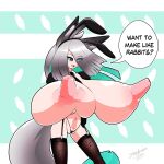  1:1 animal_humanoid areola big_breasts black_sclera breasts canid canid_humanoid canine canine_humanoid clothing dialogue english_text fake_ears fake_rabbit_ears female fox_humanoid fuyumi_(zedrin) genitals green_eyes grey_hair hair hi_res holding_breast huge_breasts humanoid hyper hyper_breasts mammal mammal_humanoid navel necktie nipples open_mouth pussy signature smile solo speech_bubble standing tail text zedrin 